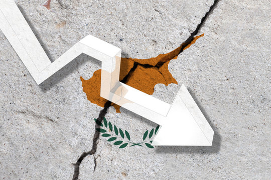 Cyprus Flag on the cracked wall with arrow falling down. Concept of decrease in the country.