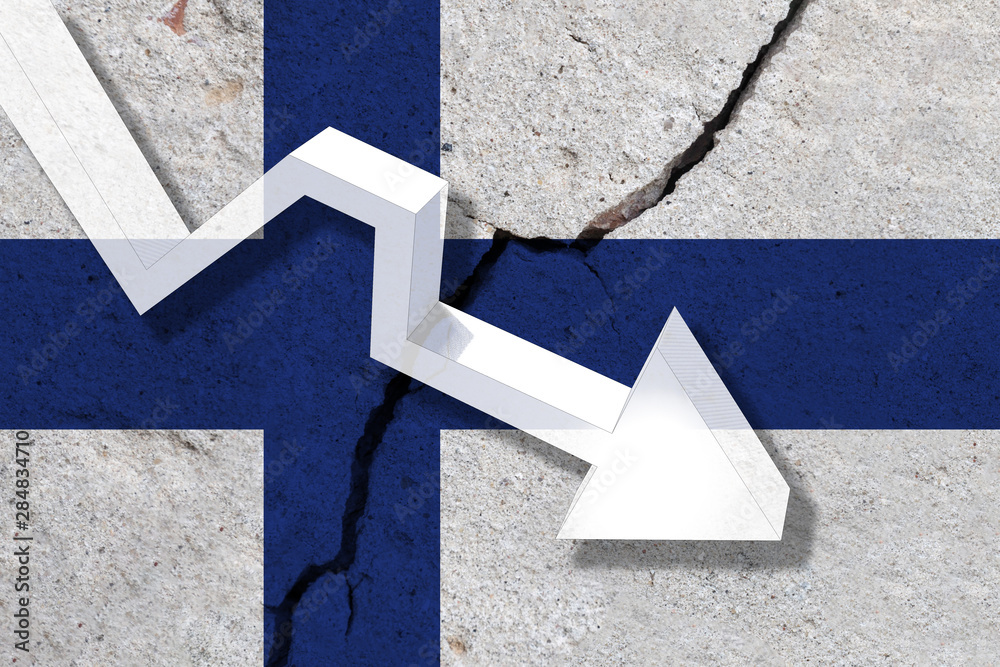 Wall mural finland flag on the cracked wall with arrow falling down. concept of decrease in the country.