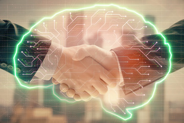Multi exposure of human brain drawing on city view background with handshake. Concept of brainstorm