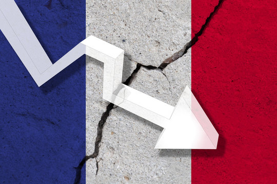France Flag on the cracked wall with arrow falling down. Concept of decrease in the country.