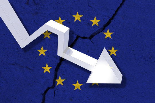 European Union Flag on the cracked wall with arrow falling down. Concept of decrease in the EU.