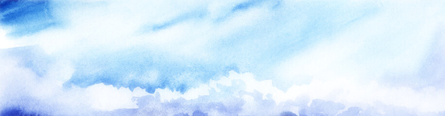 Fototapeta na wymiar Blue sky with cumulus white clouds. Abstract watercolor background with blur effect. Hand drawn illustration on texture paper. Long banner format