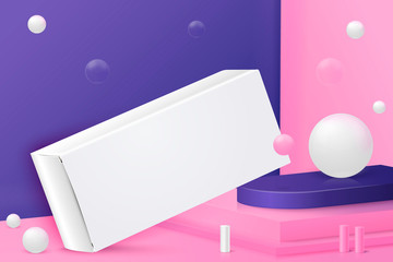 Vector 3d realistic corner wall abstract scene with paper box, podium and pink, white and violet balls and objects.