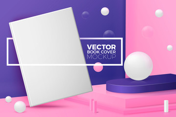 Vector 3d realistic corner wall abstract scene with text and border, podium and hardcover book, pink, white and violet balls and objects.