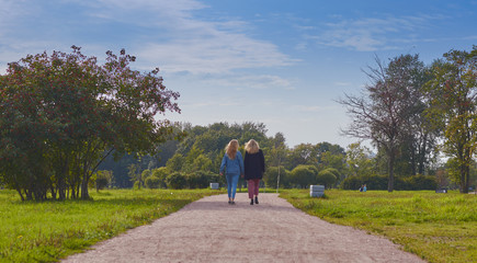 Fototapeta premium Rear view of two girls friends walking together in a park in warm, clear weather. walk in nature.