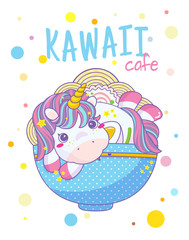 Vector illustration for posters, prints in Asian food, ramen or noodles cafe or restaurant. Beautiful unicorn with plate of ramen and hand lettering text “Kawaii cafe”. Cute anime style