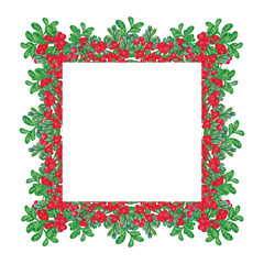 Hand-drawn frame with elements of berries in watercolor, red cranberries. Bright watercolor background for your design, printing or invitation card. Square banner for social networks and web design.