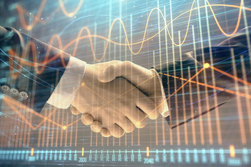 Plakat Multi exposure of forex graph on abstract background with two businessmen handshake. Concept of success on stock market