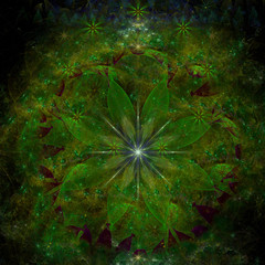 Abstract fractal background with a large star like space flowers intricate decorative stars, all in glowing colors