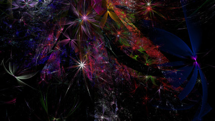 Fototapeta na wymiar Abstract fractal background with a large star like space flowers intricate decorative stars, all in glowing red,green,violet
