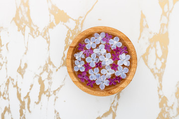 Floating lilac flowers in a bowl of water on marble background