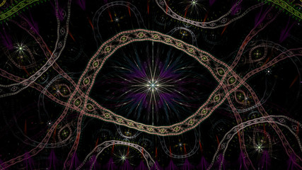 Abstract fractal background with a large star like space flowers intricate decorative stars, all in glowing red,green,violet