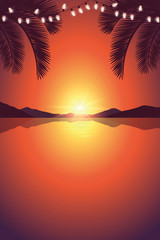 Fototapeta na wymiar romantic sunset at sea with palm tree and fairy light vector illustration EPS10