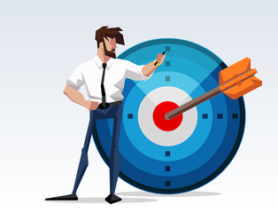 flat design picture illustration with character businessman standing with a big target and arrow. Flat design banner isolated on white background mission accomplished exactly. drawing company director
