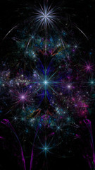 Abstract fractal background with a large star like space flowers intricate decorative stars, all in glowing blue,pink, violet