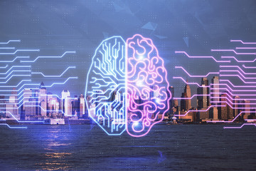 Brain hologram drawing on cityscape background multi exposure. Ai in modern city concept.