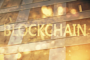 Multi exposure of cryptocurrency theme hologram drawing and city veiw background. Concept of...