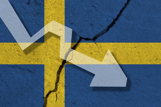Sweden Flag on the cracked wall with arrow falling down. Concept of decrease in the country.