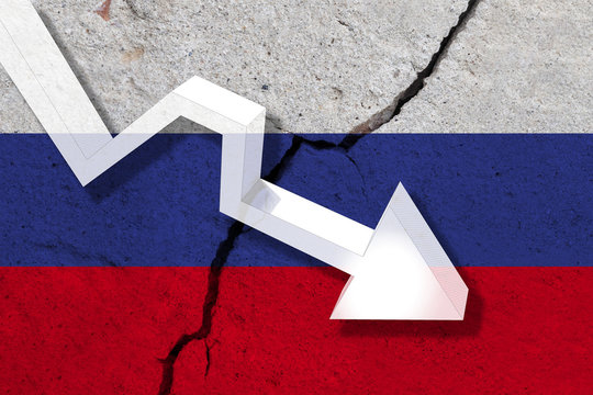 Russian Federation Flag on the cracked wall with arrow falling down. Concept of decrease in the Russia.