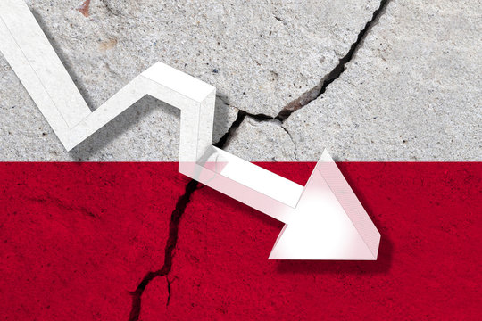 Poland Flag on the cracked wall with arrow falling down. Concept of decrease in the country.