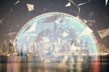 Obraz premium Double exposure of business theme hologram drawing and city veiw background. Concept of success.