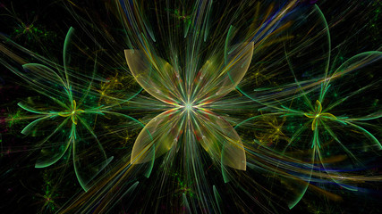 Abstract fractal background with a large star like space flowers intricate decorative stars, all in glowing colors