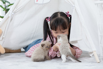 Little girl playing with cat at home, friend ship concept.