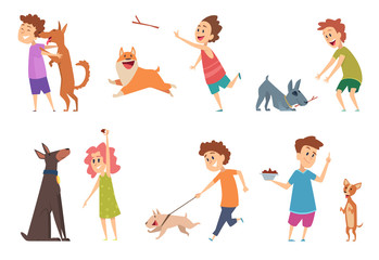 Kids with dogs. Happy children playing hugging their funny pets vector cartoon puppy dog domestic animals. Girl and boy with puppy, person child cheerful playing with happy pet illustration