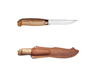 Hunting knife with wooden handle and leather case isolated on white