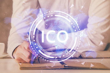 Businessman with hands background. Crypto currency concept.