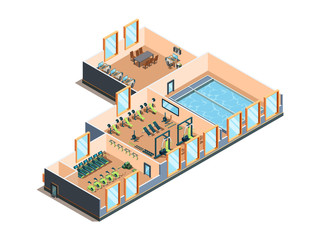 Fitness center. Gym club and pool interior rooms with equipment cardio exercise aerobic training spa salon isometric vector. Illustration fitness sport gym, swim pool and salon