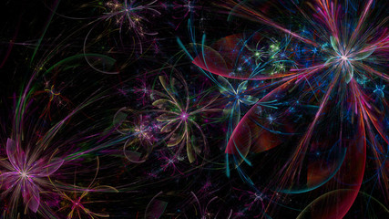 Fototapeta na wymiar Abstract fractal background with a large star like space flowers intricate decorative stars, all in glowing colors