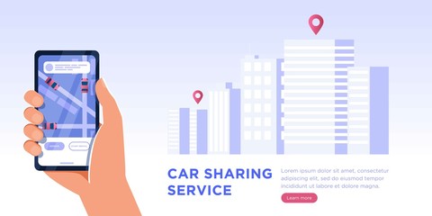 Cartoon Flat web banner car sharing and taxi Service. Urban Application. Male Hand Holding mobile Phone with gps City Map location. Vehicle Rental. Available car. Navigation Location Rental Car.