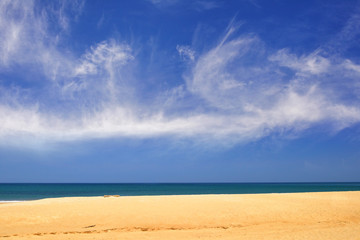 Beautiful tropical beach on blue sky background, happy holiday concept and relaxation idea