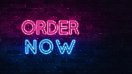Fototapeta na wymiar order now neon sign. purple and blue glow. neon text. Brick wall lit by neon lamps. Night lighting on the wall. 3d illustration. Trendy Design. light banner, bright advertisement