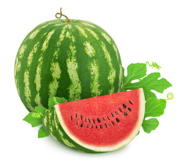 Whole ripe watermelon with quarter isolated on white background.