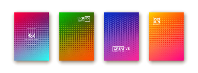Stylish colorfull dots point banner templates, points gradient backgrounds for business cover. Curve shapes dot edge halftone texture gradient banners set.
