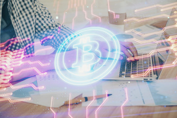 Blockchain theme hud with man working on computer on background. Concept of crypto chain. Double exposure.