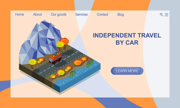 Independent travel by car. Autumn mountain landscape. Isometric 3D illustration. Vector website landing page design templatei