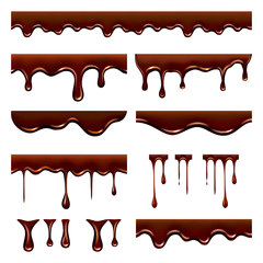 Chocolate dripped. Sweet flowing liquid food with splashes and drops caramel cacao vector realistic pictures. Brown liquid dessert, sweet drip melt - obrazy, fototapety, plakaty