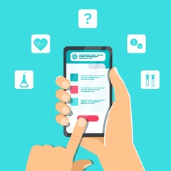 Mobile medicine, online ask doctor. Hand holding smartphone with medical app. Cartoon flat concept for web banners, sites, infographics. Doctor's appointment. The concept of online pharmacy