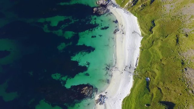 Aerial footage of haukland beach in Lofoten islands in Norway