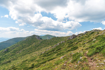 Fototapeta na wymiar Summer panoramic view from Old mountain ( Stara planina), Bulgaria. Central Balkan national park, Kozia stena (goat wall) reserve.