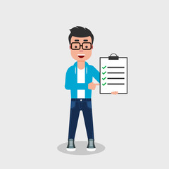 Young man showing successfully completed checklist. Happy smiling character, casually dressed, finger pointing at fulfilled tasks. Completed job concept. Vector illustration, flat style, clip art.