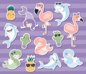 Big set of cute stickers with mermaids, cacti, pineapples, flamingos, sharks. Hand drawn vector illustration. Flat style design. Color drawing. Concept for summer children print.
