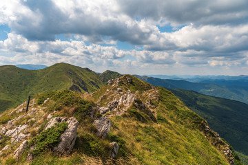 Fototapeta na wymiar Summer panoramic view from Old mountain ( Stara planina), Bulgaria. Central Balkan national park, Kozia stena (goat wall) reserve.