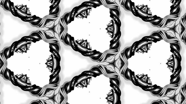 4k seamless looped animation of black and white pattern with ribbons are twisted and formed complex structures like symmetric ornament pattern or kaleidoscopic
