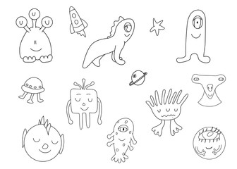 Cute monster icons set in outline style.