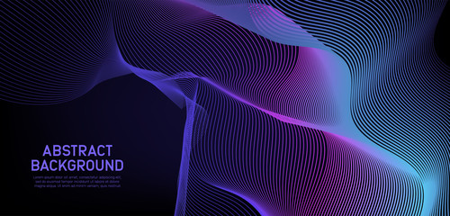 Blue and Purple Wavy Particle Shape on Black Background. Cyber Space Background. Abstract Technology. Science Banner. Vector Illustration.