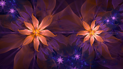 Abstract fractal background with a large star like space flowers intricate decorative stars, all in glowing orange, pink,purple